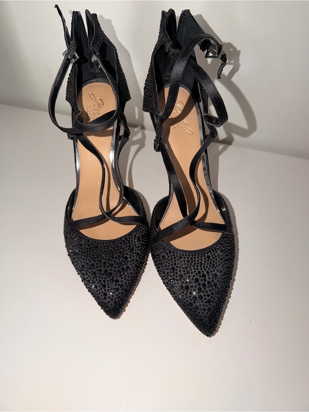 Badgley Mischka Black Crystal Pointed-Toe Strappy Stiletto Heels